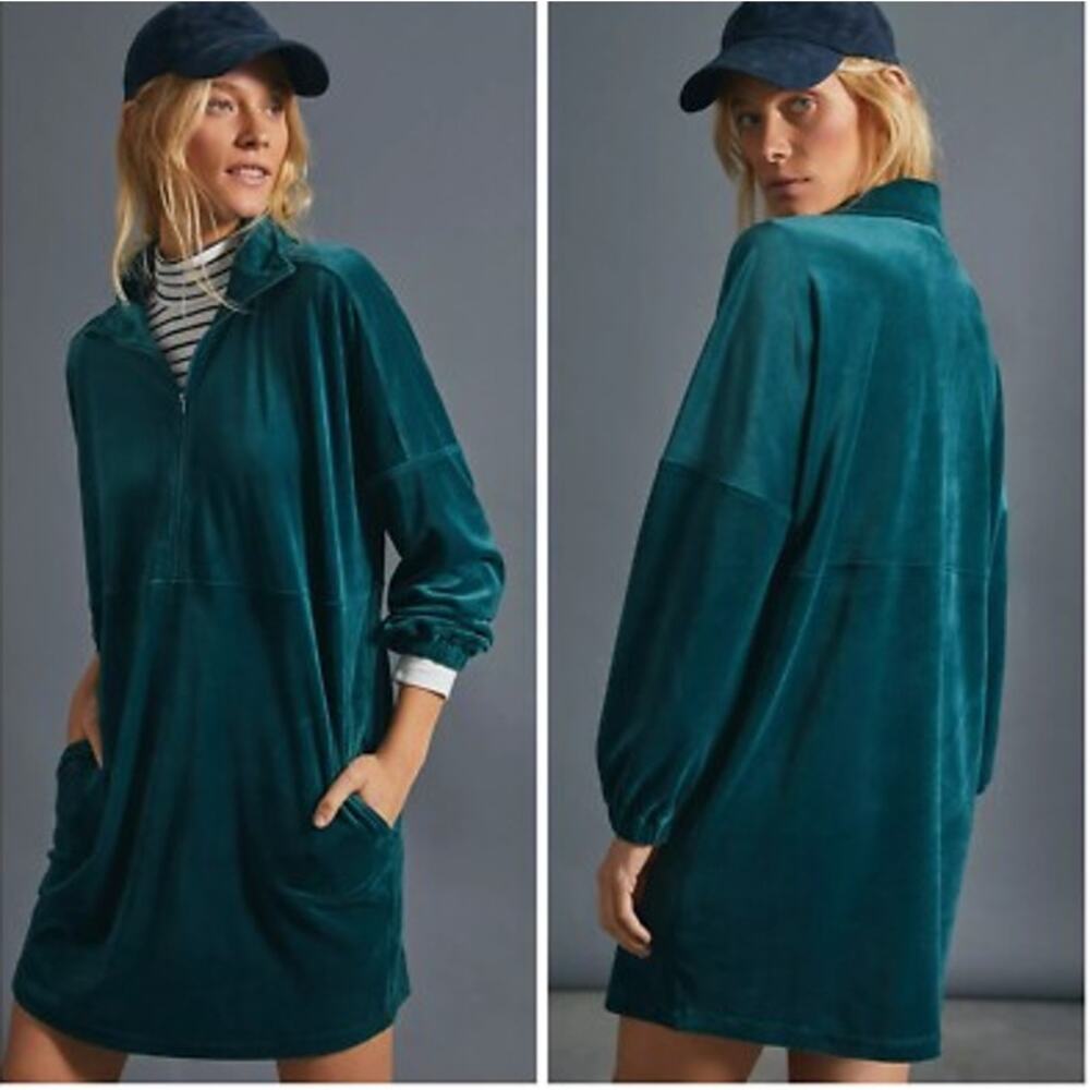 Anthropologie Saturday Sunday Rosalind Velvet‎ Tunic Dress Teal Green Pockets S